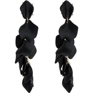 Black Earrings Long Rose Petal Flower Vine Halloween Wedding Bridal Prom Jewelry